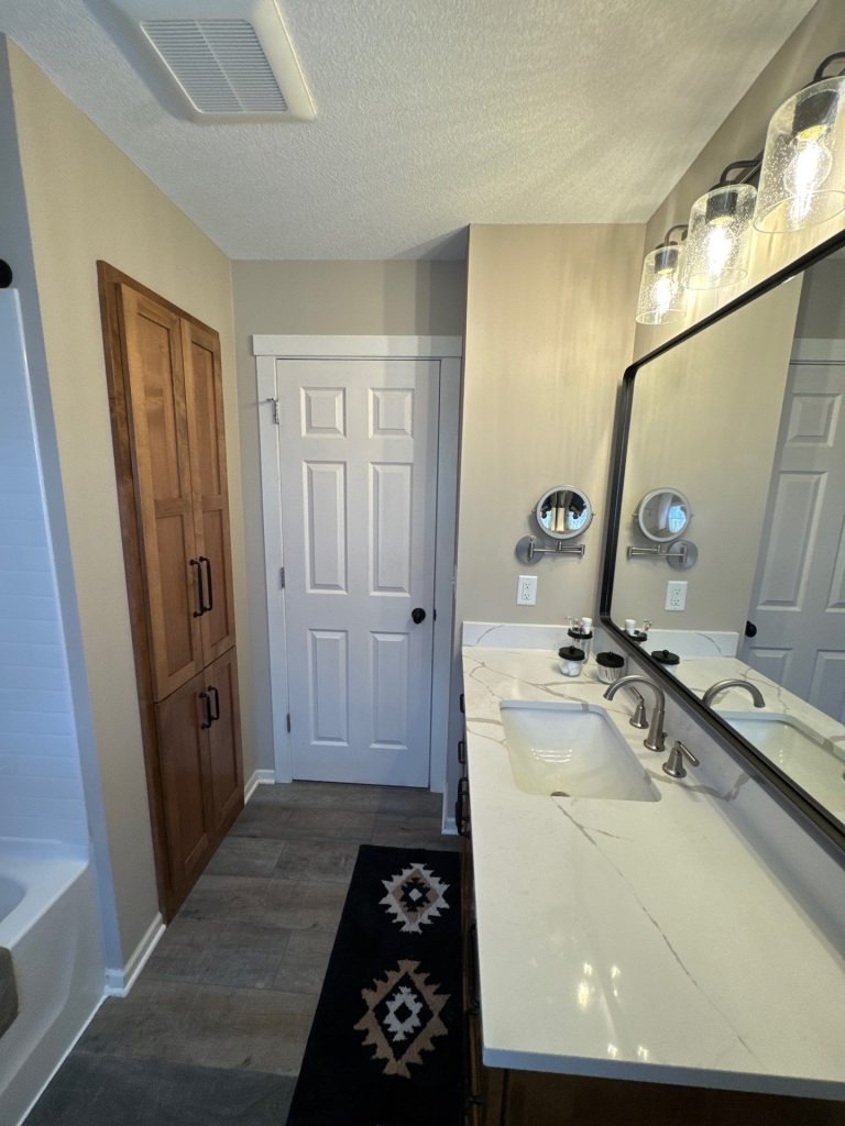 Modern bathroom vanity with mirror and wooden cabinet