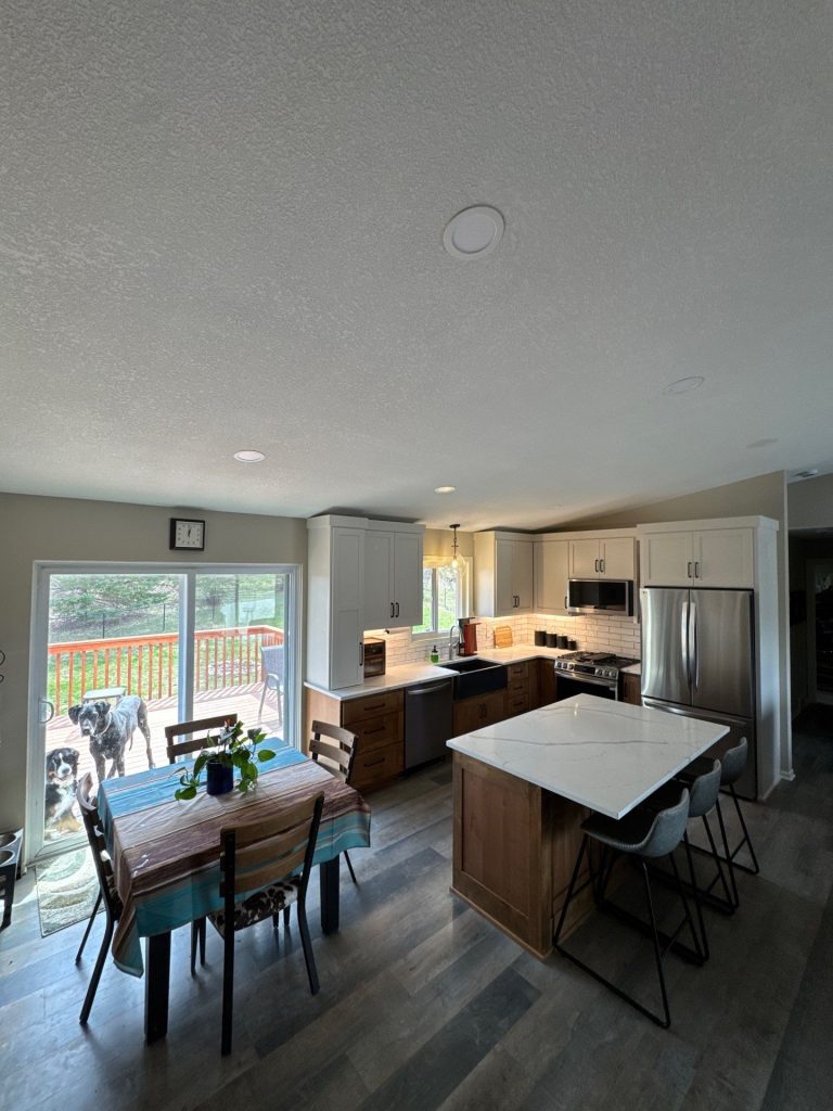 Modern kitchen with island and dogs outside patio door