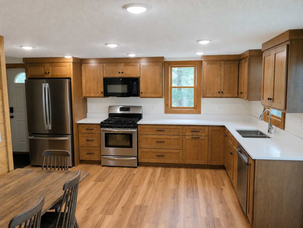 Modern kitchen with wooden cabinets and stainless appliances