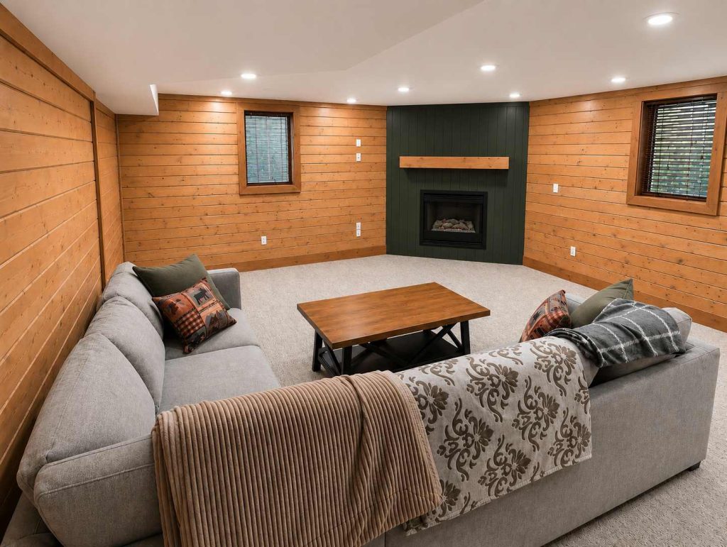 Cozy wood-paneled living room with fireplace and sofa